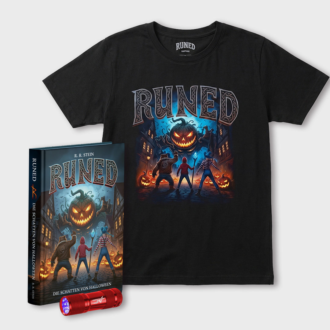Halloween Bundle: RUNED 2 Buch + RUNED T-Shirt mit leuchtender Zaubertinte
