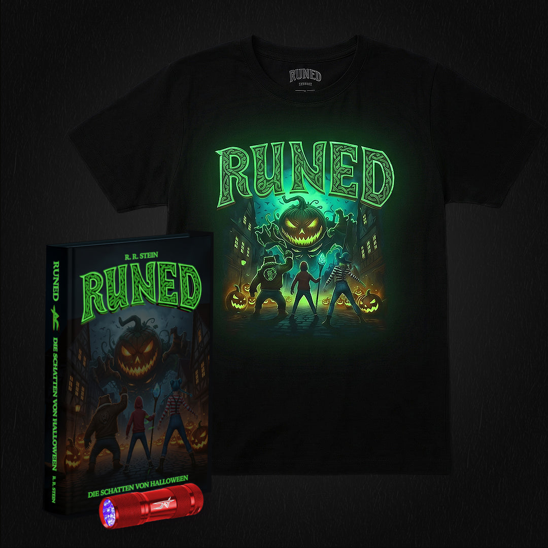 Halloween Bundle: RUNED 2 Buch + RUNED T-Shirt mit leuchtender Zaubertinte