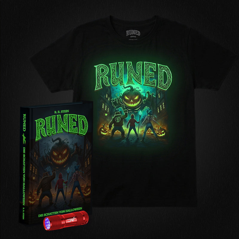 Halloween Bundle: RUNED 2 Buch + RUNED T-Shirt mit leuchtender Zaubertinte